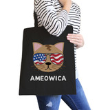 Ameowica Black Canvas Tote Funny Design Grocery Bag For Cat Lovers