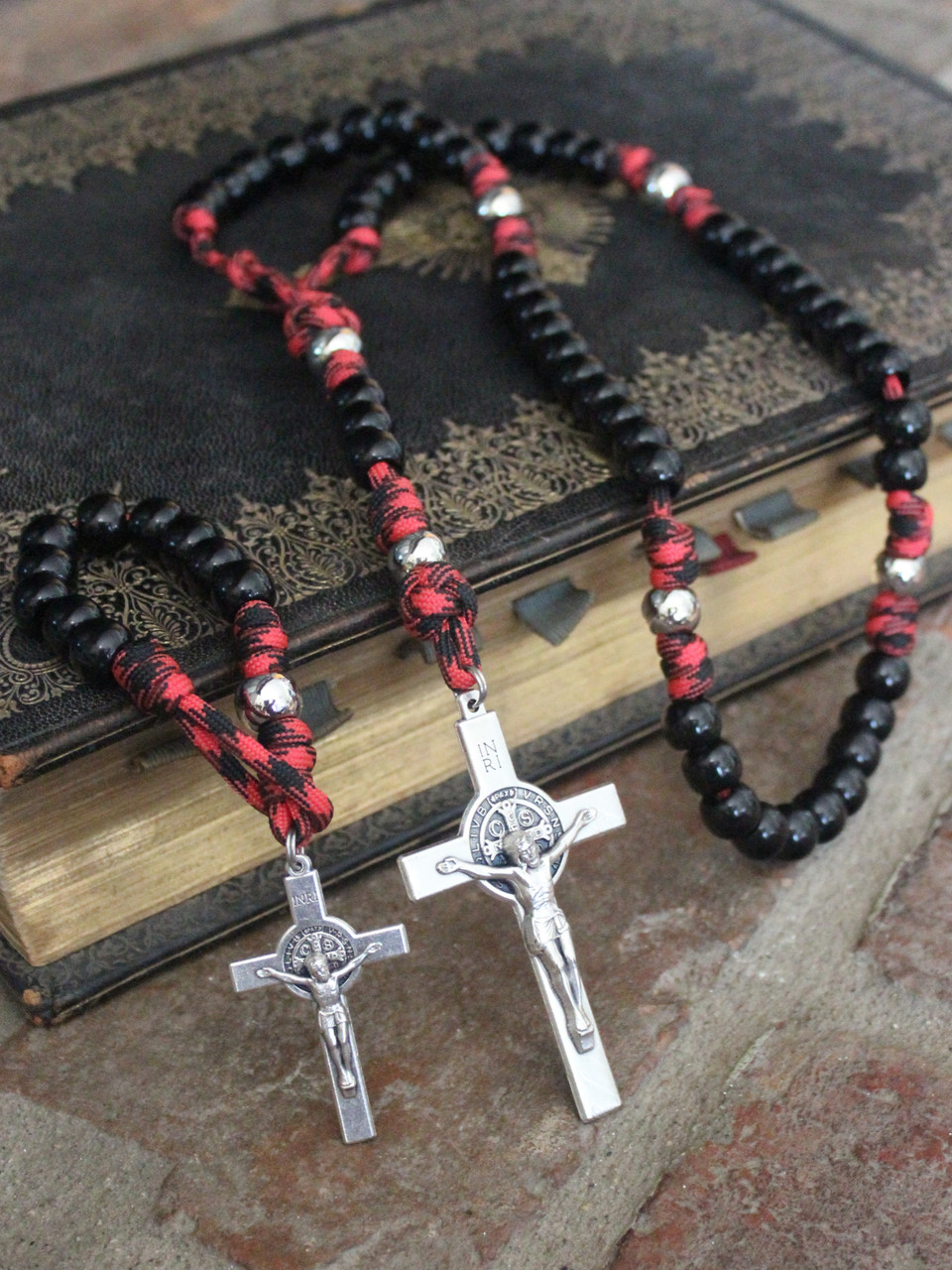 Black & Red Paracord Black & Red Wood Beads Rosary – Catholic Mercy