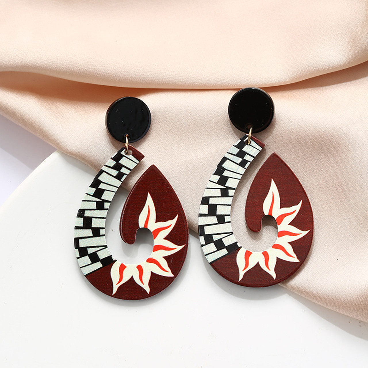 Fish hook shape with pattern, acrylic drop earrings from round black stud  on posts - brown - Adore Collection