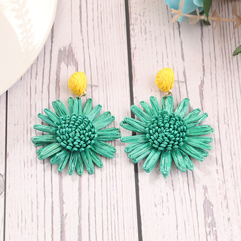 Raffia flower earrings green with yellow stud Adore Collection