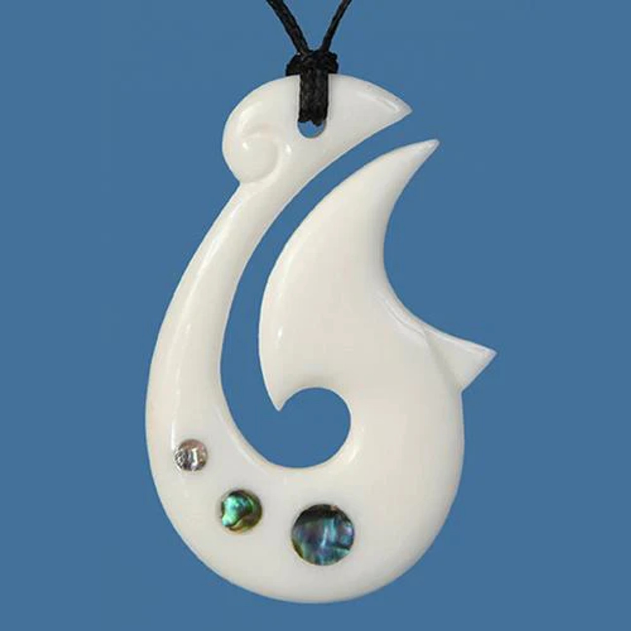 Hand carved bone fish hook pendant with paua inset - Adore Collection