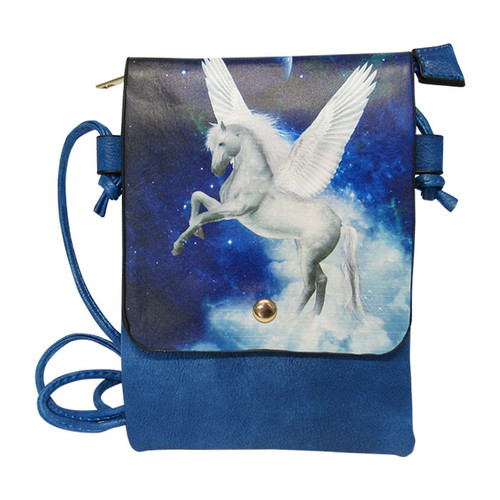 blue shoulder bag with Pegasus print on the front