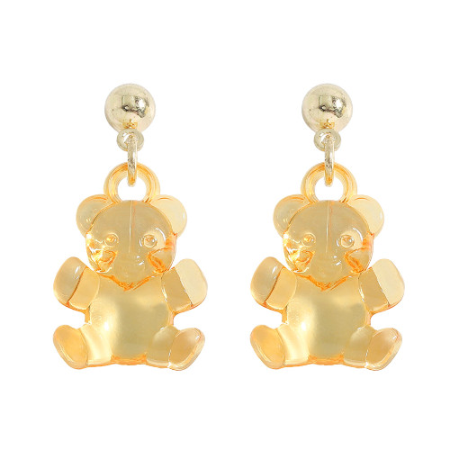 3D doublesided transparent bear earring from gold stud posts - yellow