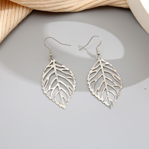 Lightweight hollow leaf earring on hook-Silver Colour