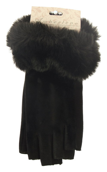 Velvet fingerless gloves with faux fur trim - black