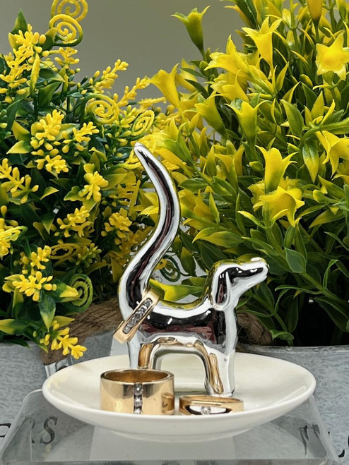 Ring Holder - Silver Dog on white saucer