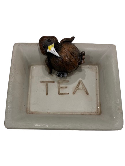 NZ Kiwi teabag holder with a brown kiwi bird on a small tray marked TEA, front view