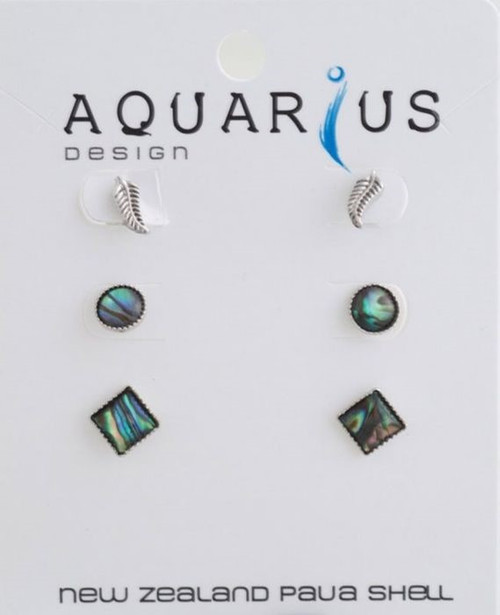 3 x set of stud earrings Natural Paua circle and square pr and a metal fern