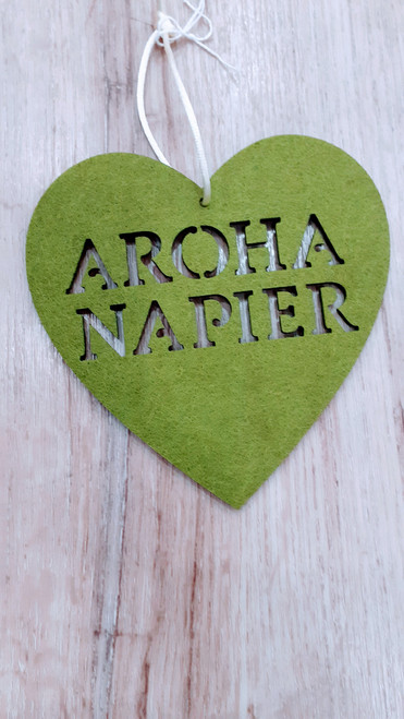 Aroha Napier cut out of hanging green felt heart
