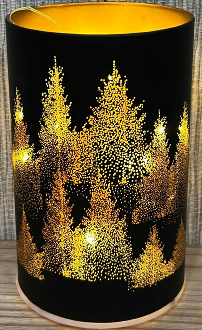 Light up LED decorative glass lamp with gold coloured conifers