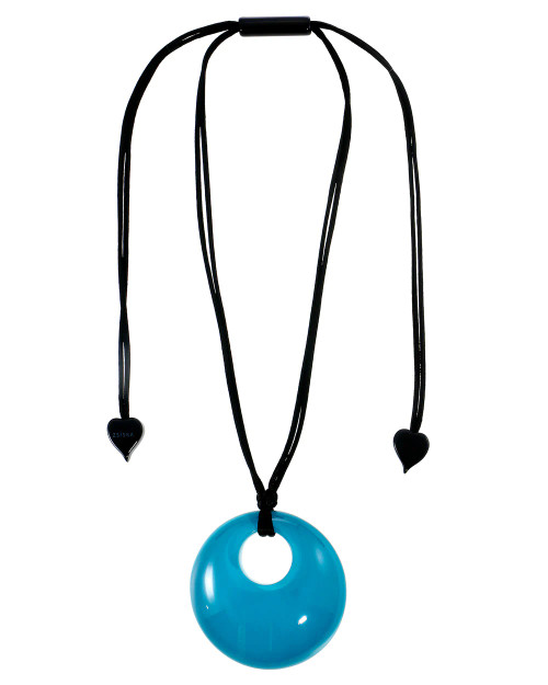 Colourful round teal turquoise colour pendant on adjustable black cord