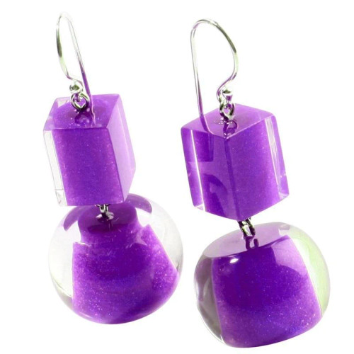 Colourful bead and cube earring - purple  in purple