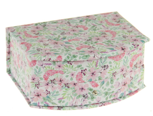 Curved front jewellery box with pink flowers and green leaves pattern on  white