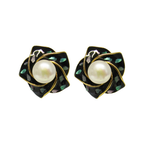 Black coloured Lotus flower with Paua decoration and faux pearl centre on posts stud earring