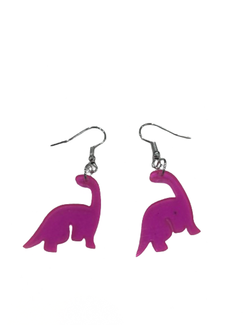 pink resin dinosaur earrings on hooks
