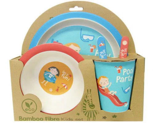 Pool Party theme bamboo fibre kids round plate and tumbler set