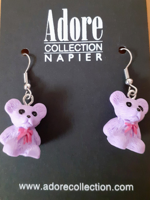 purple teddy bear earrings on hook with big black eyes