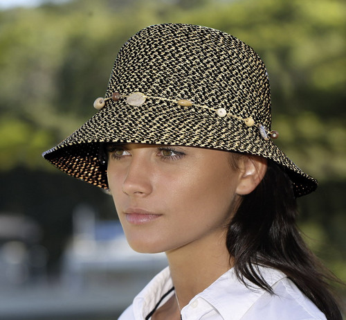 Boho style bucket hat with bead shell trim - navy colour, M size