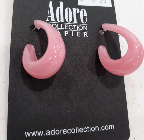 Pink resin C shape long hoop earring on post