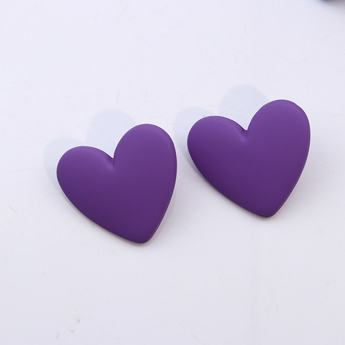 Big heart shaped stud earrings on posts - purple