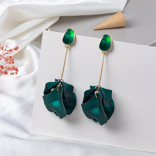 long earrings with pearl green petals hung from gold coloured rod beneath an acrylic stud on s925 posts