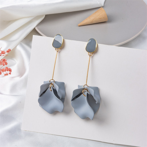 long earrings with grey petals hung from gold coloured rod beneath an acrylic stud on s925 posts