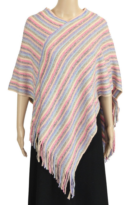 Classic diagonal stripe poncho with tassels - pastel