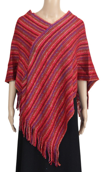 Classic diagonal stripe poncho with tassels - red