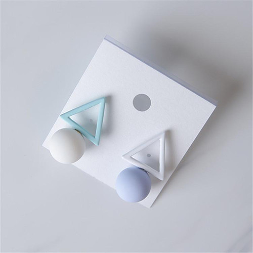 Hollow triangle with ball asymmetrical earrings on posts - seafoam, white and lavender