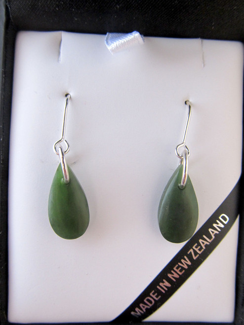 NZ Greenstone Teardrop shape drop earrings on silver hooks