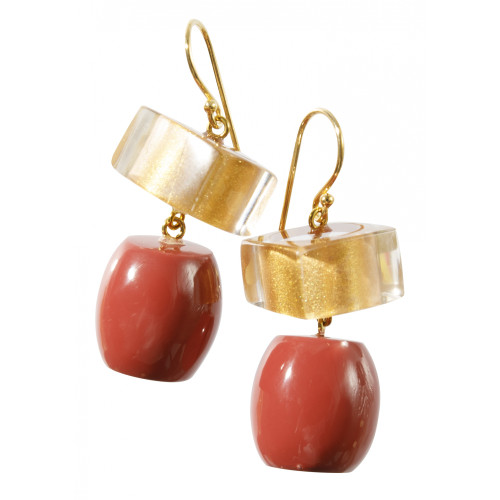 Zsiska handmade resin 2 bead earrings on short hook - gold foil and dark red