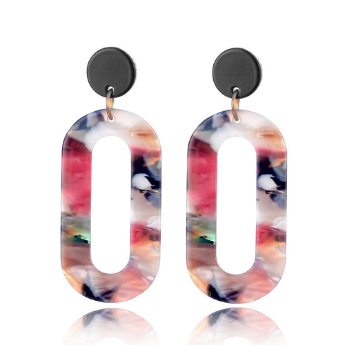 Multi-colour oval shaped acrylic drop earring hung from round black stud on posts