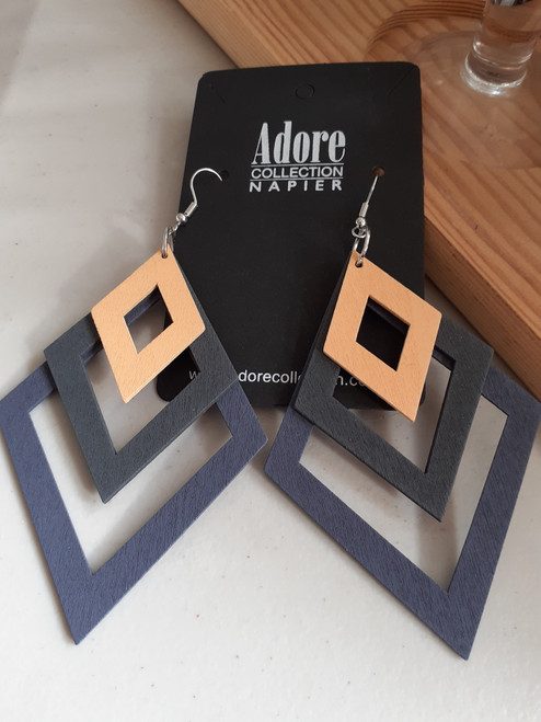 3 x Lightweight, coloured rhombus shaped wood earrings hung from hook - natural wood, black and grey