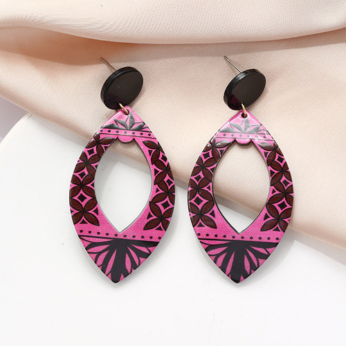 Tropical resort style pattern, acrylic drop earrings from round black stud on posts - black, bright pink