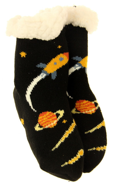 Kids medium size warm fleece socks with non-slip soles - rocket design (up to 18cm)