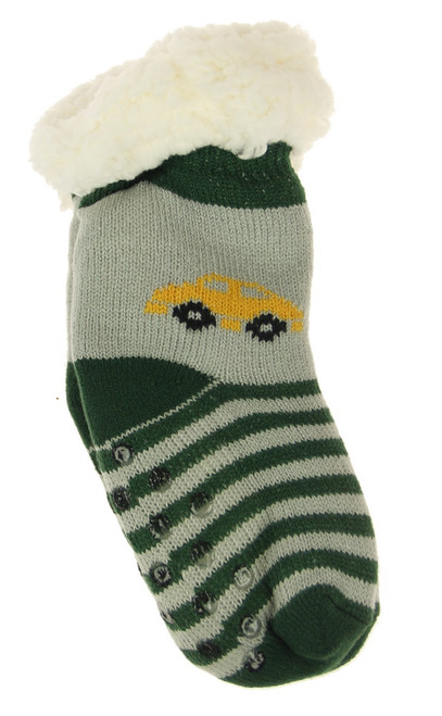 Kids medium size warm fleece socks with non-slip soles - kids car on green stripe design (up to 18cm)