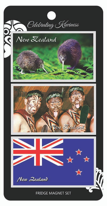 set of 3 New Zealand foil fridge magnets - Kiwi , Maori performers and NZ Flag