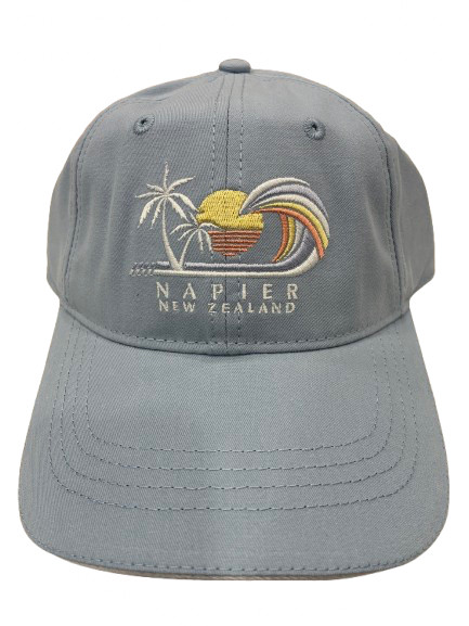 Napier, New Zealand powder blue coloured cap with sun and wave design