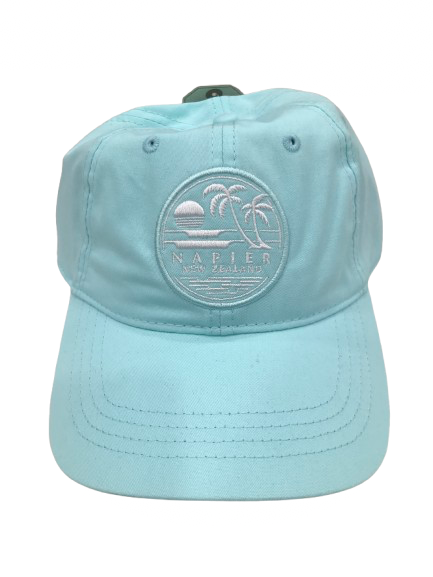 Napier New Zealand Cotton Cap – Sea Mist, Embroidered Sun, Sea & Palm Tree