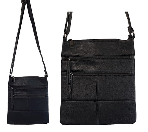 Cross Body bag with square stitching design and 5 zips - black