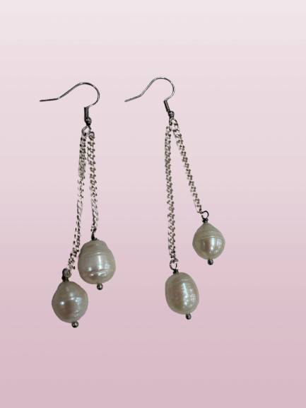 Dangly double pearl earrings on white chain and hooks