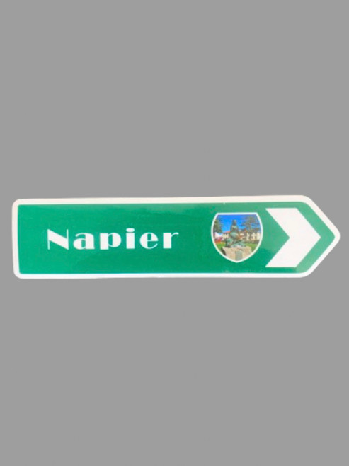 Fridge Magnet of NZ Road sign with Napier in Art deco font and small pic of Pania