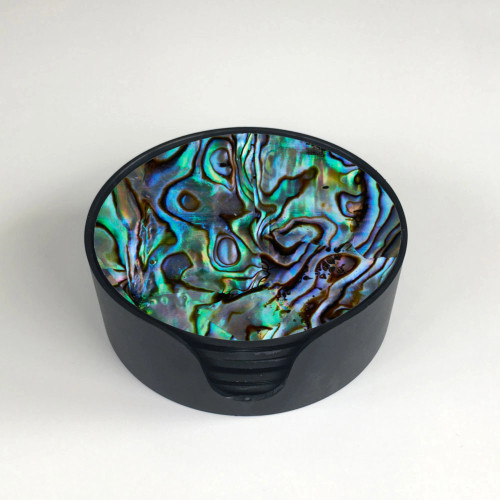 NZ Paua pattern on 6 glass coaster set with holder