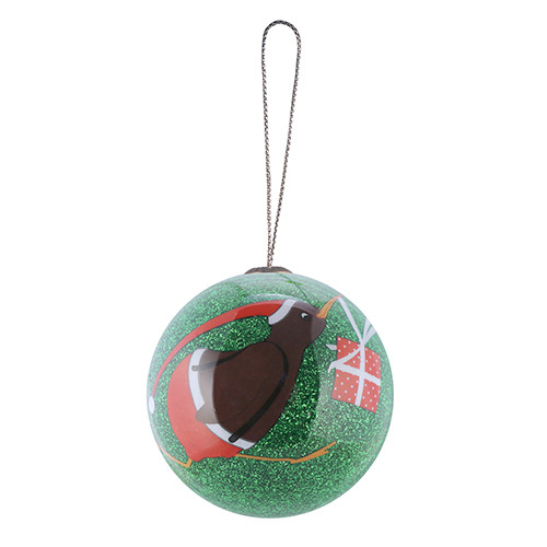 Green Christmas bauble featuring a kiwi holding a gift box