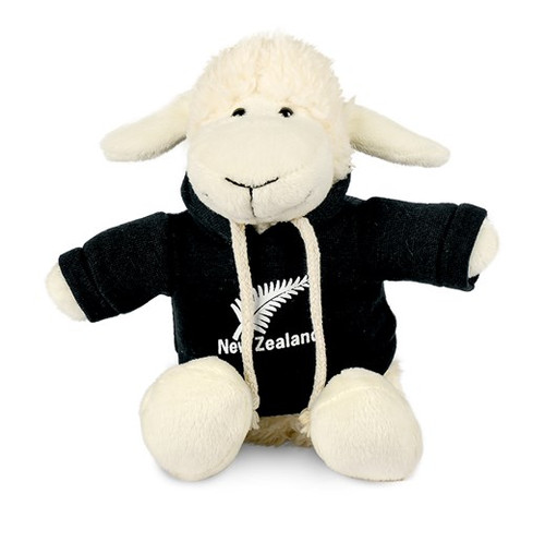 New Zealand Sheep wearing black hoodie with fern and New Zealand soft toy 16cm