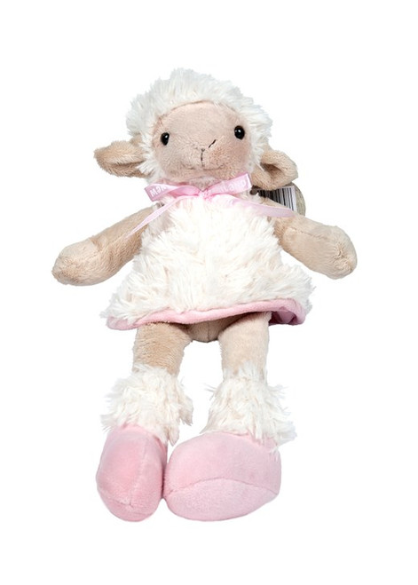 Soft toy NZ Sheep sitting with dangly legs and a dress with pink trim