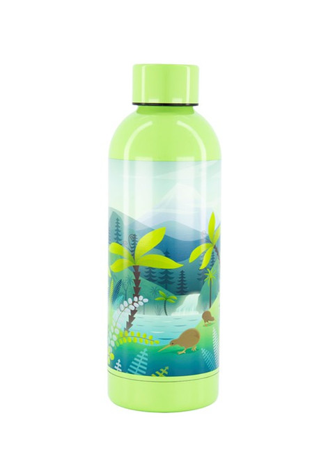 Green 500ml stainless steel drink bottle with New Zealand scene and kiwi design