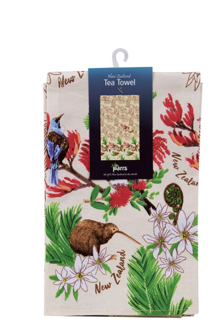 NZ Tea towel with NZ birds and flowers