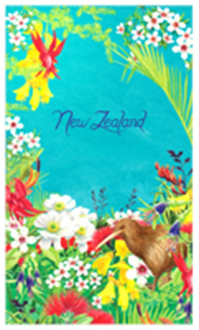 NZ Tea Towel Kiwi in flowers on blue