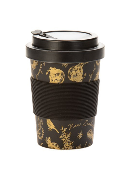 Bamboo Fibre Coffee Cup with black and gold birds design